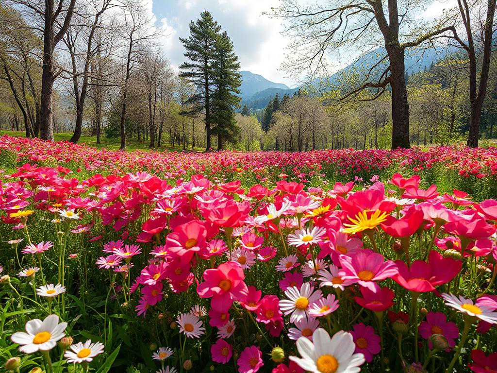 A special sea of flowers awaits you in the spring valley. Flower meadow