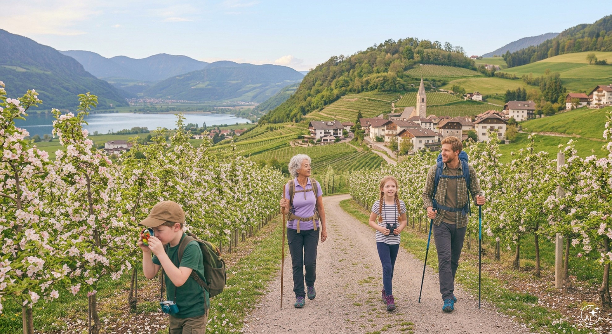 Family hike among the apple blossoms