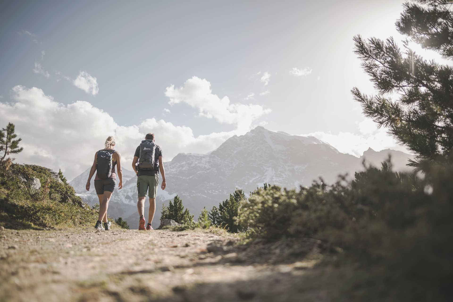 2 hikers on a forest path