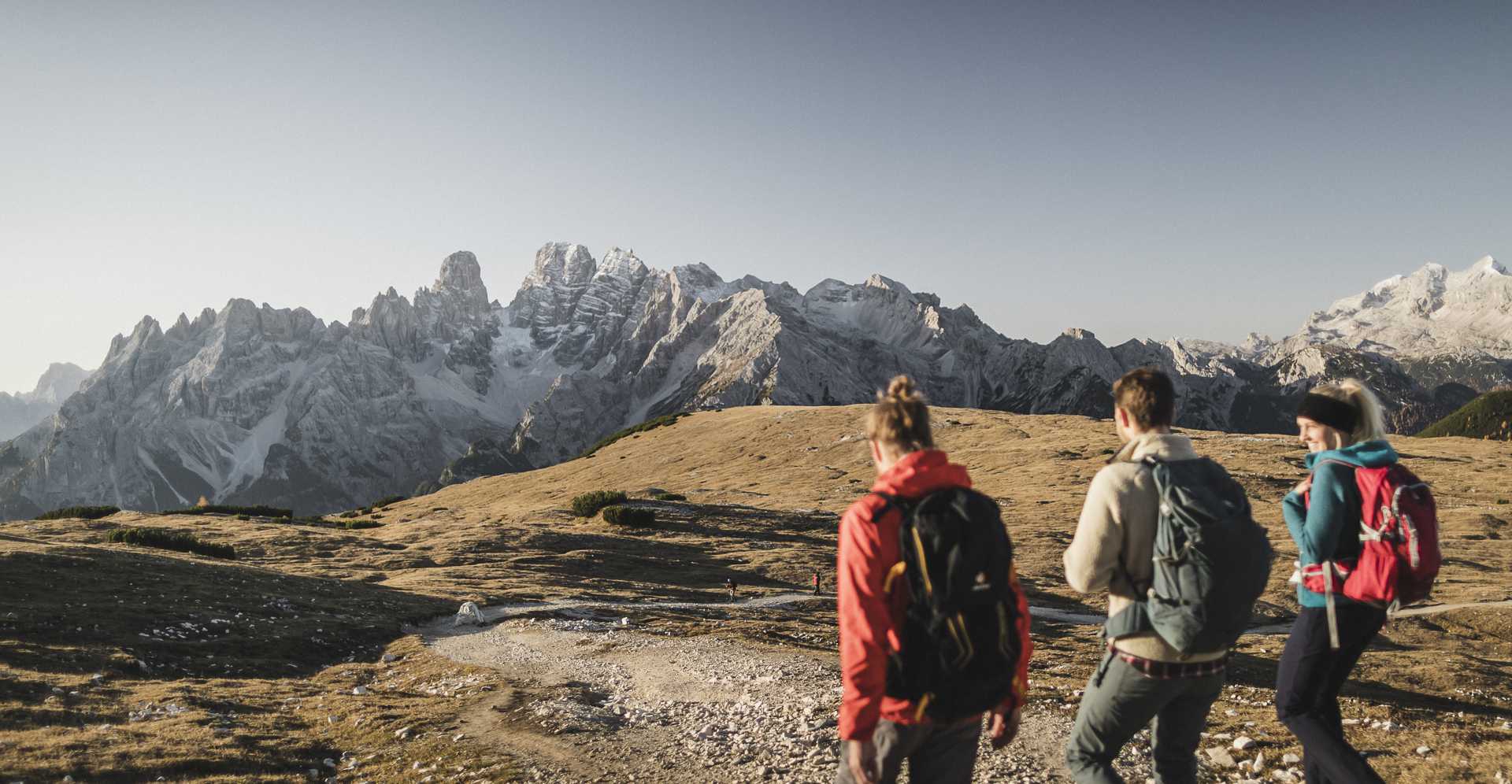 Three hikers are on a hilltop